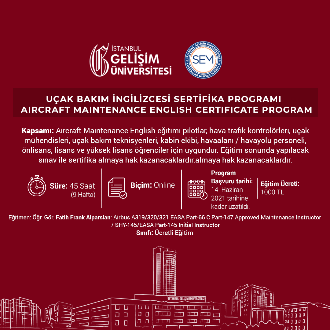 Uçak Bakım İngilizcesi Sertifika Programı / Aircraft Maintenance English Certificate Program